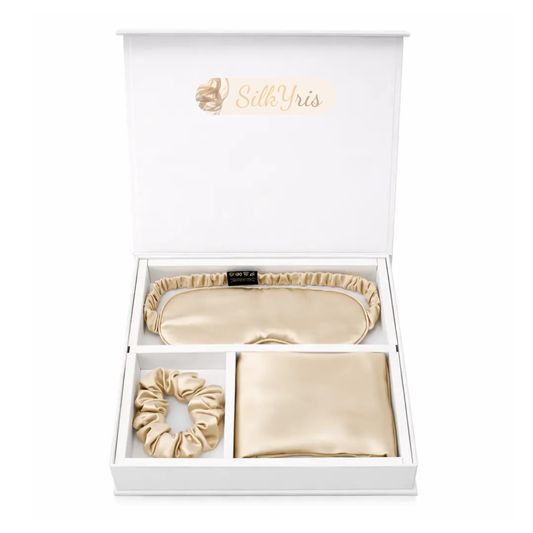 Nos Coffrets Soie Taie d'Oreiller, Masque et Chouchou Champagne